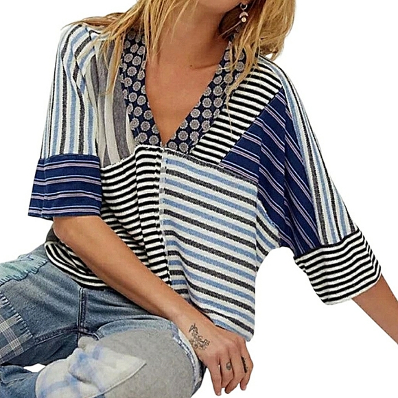 We The Free Tops - We The Free Crop Top Loose Fit Patchwork Blue White Stripes 3/4 Sleeve Cotton XL
